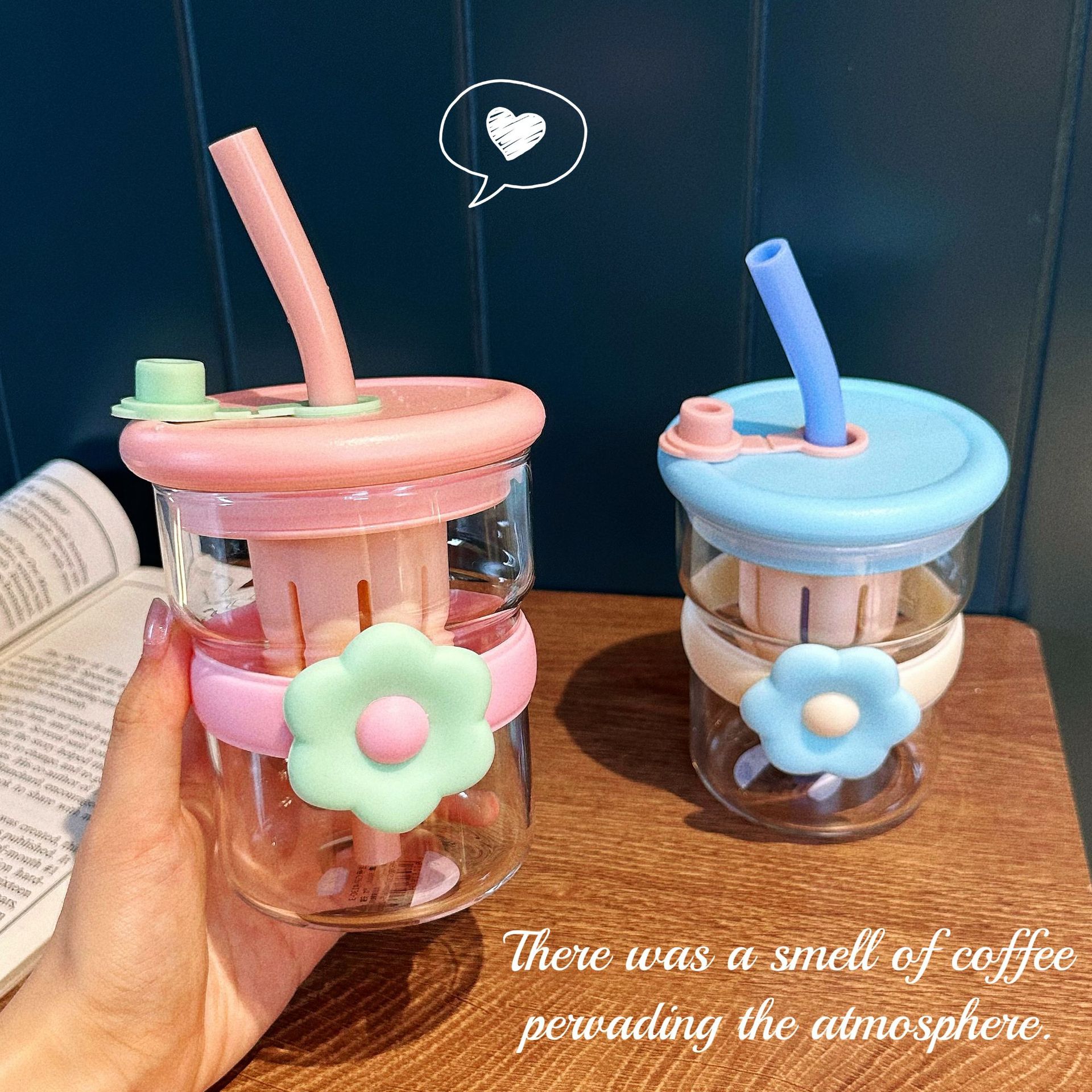 New flower-shaped tea brewing glass cup, women's tea-water separation straw cup, office desktop high-temperature resistant water cup gift full figure