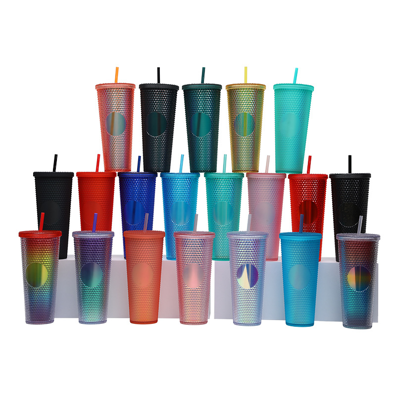 Factory direct supply custom double-layer plastic straw cup, large capacity with logo, Starbar durian cup, prickly fashionable water cup Specification drawing