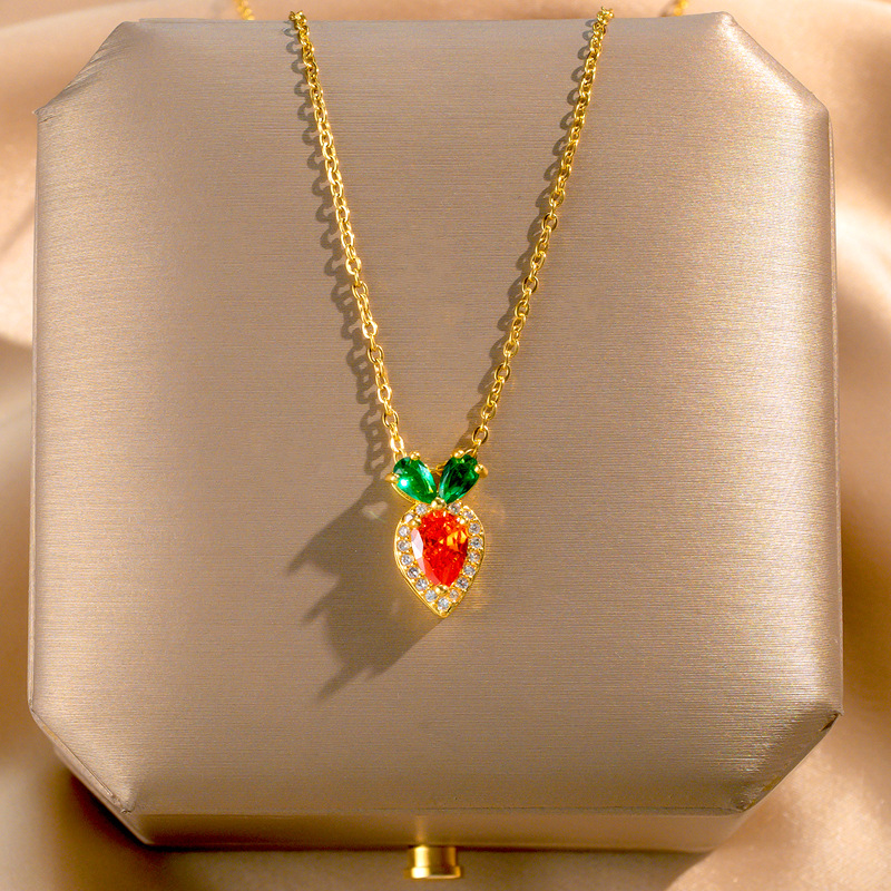 Korean InS-style cute little carrot pendant titanium steel necklace, women's colorful high-end exquisite zircon collarbone chain full figure