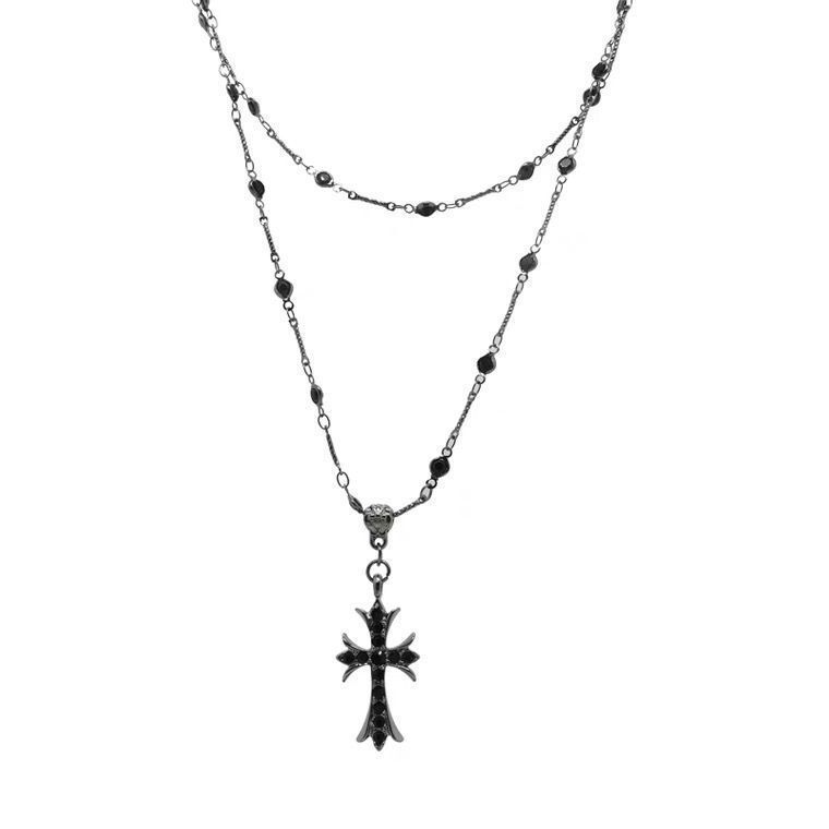 Dark Zircon cross beaded necklace, a long double-layered neckchain for women's fashion, a versatile collarbone chain accessory Item Picture