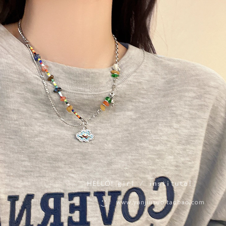 Light luxury and niche summer colorful dopamine titanium steel necklace for women 2023 new style, fashionable and high-end design sense collarbone chain details Picture
