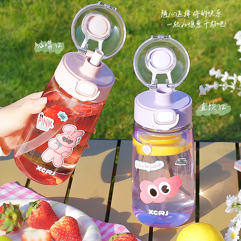 Cartoon cute plastic cup, new spring and summer water cup for students, outdoor portable straw, direct drinking dual-purpose cup details Picture
