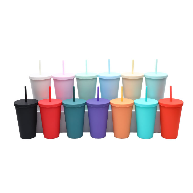 Amazon's new modern and simple flat-lid water cup, a popular matte cartoon portable 16oz double-layer straw cup Specification drawing