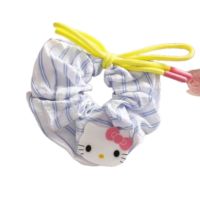 Korean-style KT cat bow tie large intestine circle hair band for women, refreshing blue striped large hair band headband, bun hair band Item Picture