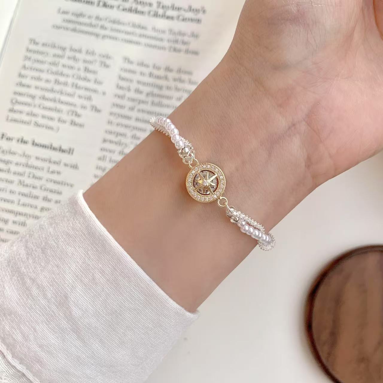 Octagonal zircon pearl wound woven bracelet for women, a niche design with exquisite and high-end feel, summer light luxury bracelet for women full figure