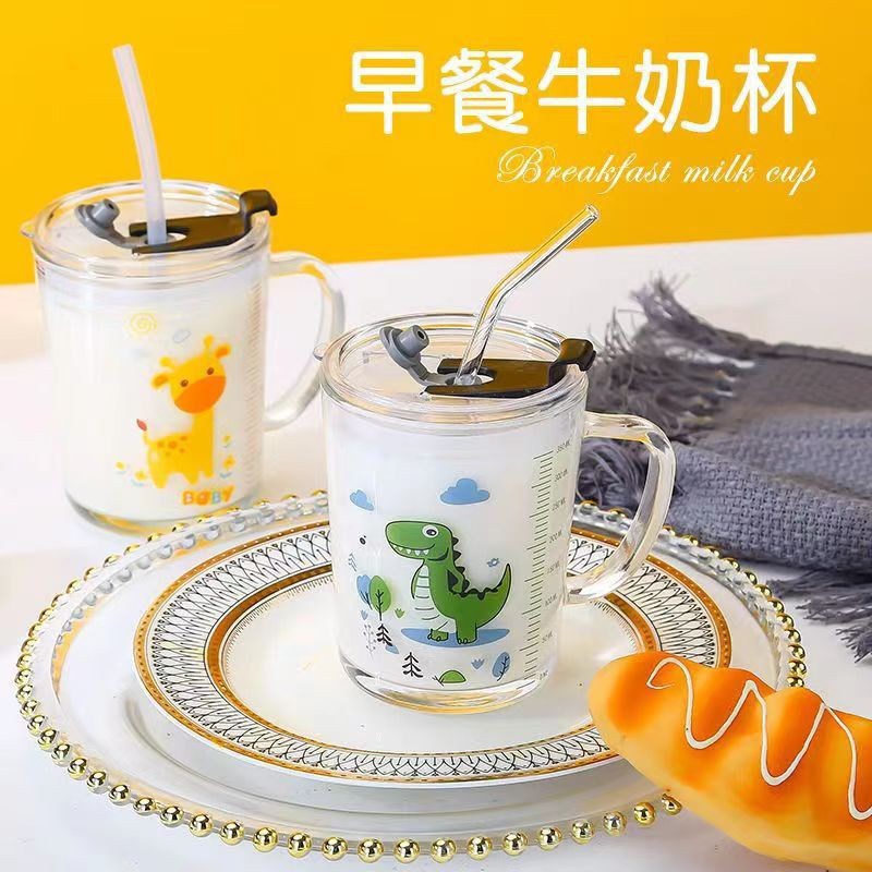 Children's graduated milk cups, straw cups, cute glass cups with handles, high appearance level, household juice cups and beverage cups details Picture