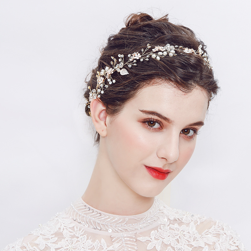 New cross-border pearl handcrafted headband from Europe and America, alloy flower style headband, bride accessory, wedding hair accessory, headband details Picture