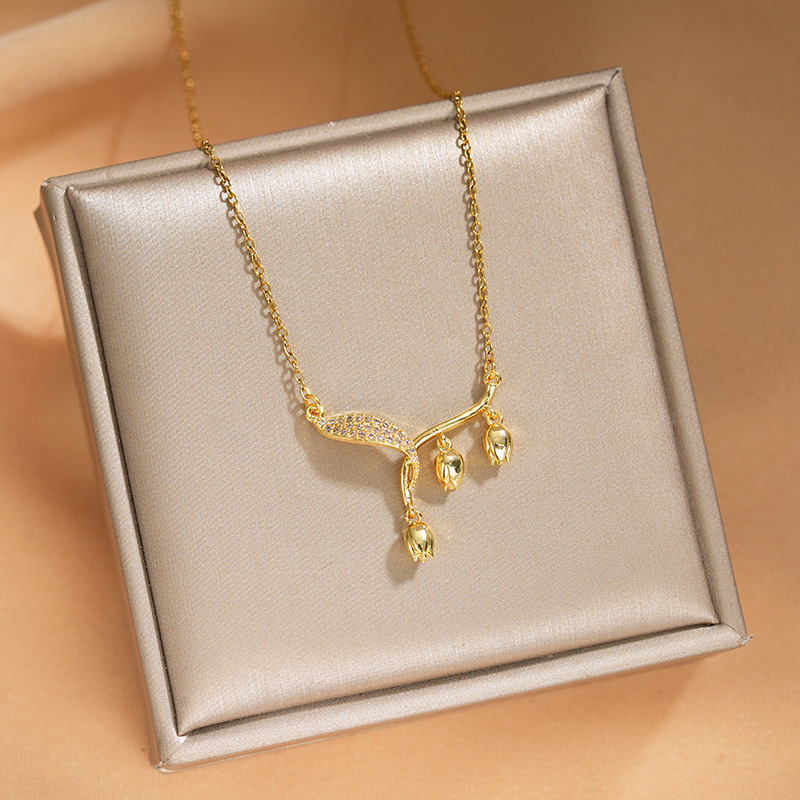 The new gold electroplated lily of the valley necklace is a fashionable and light luxury accessory for women. It is the same high-end style as the popular collarbone chain details Picture