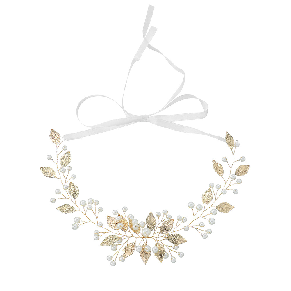 Mianino creative European and American bridal headwear, hand-woven simple pearl headband, golden leaf headband Item Picture