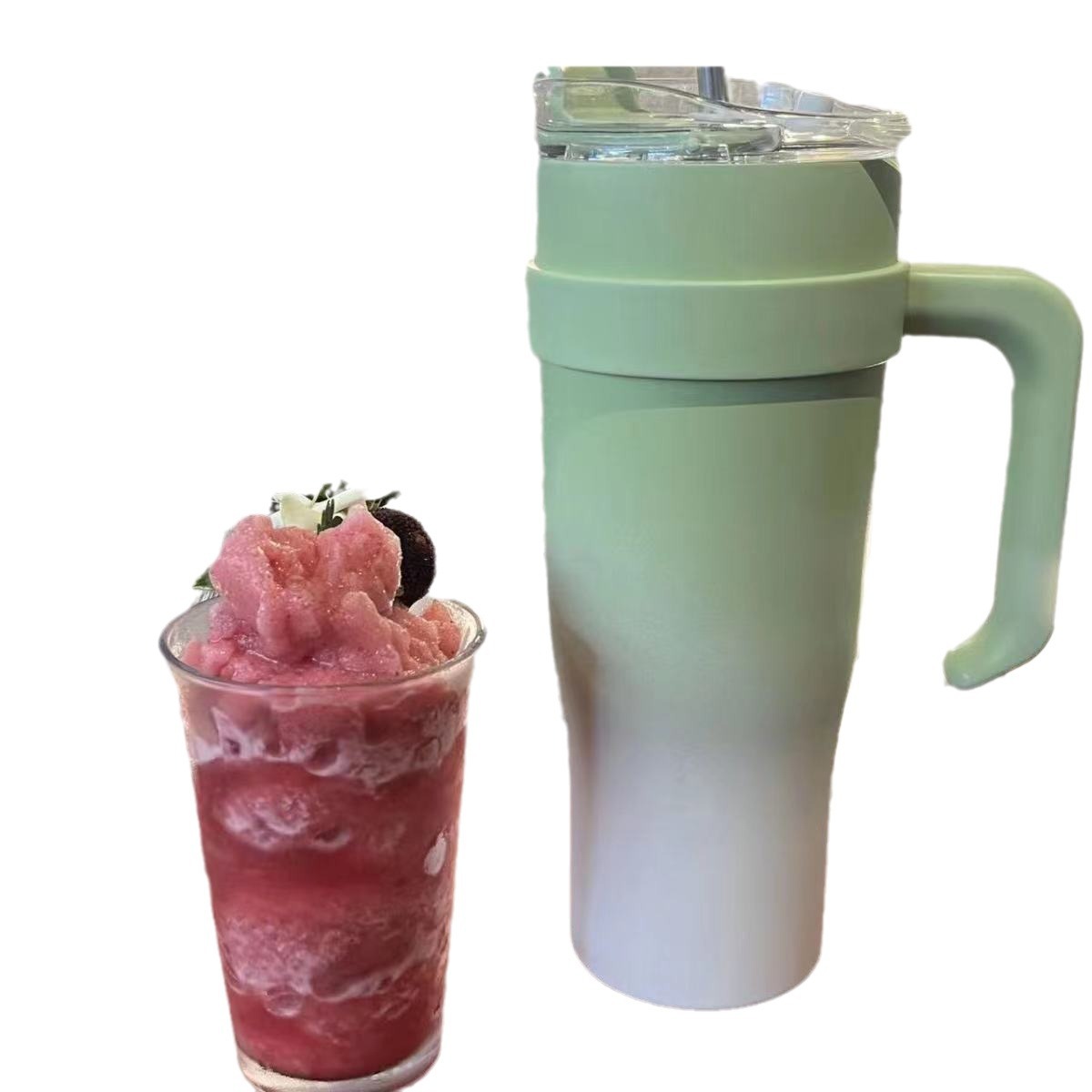 High-appearance-level gradient green insulated cup, 304 stainless steel portable large-capacity straw cup, insulated coffee cup Item Picture
