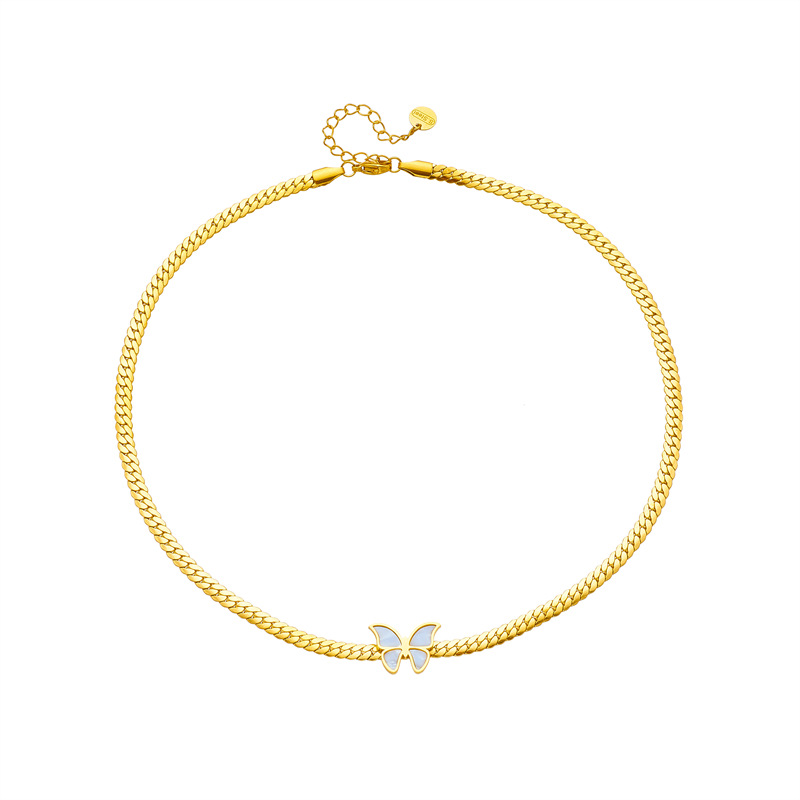 European and American fashion, niche, high-end, simple metal twist collarbone chain, white butterfly accessory, titanium steel necklace Item Picture