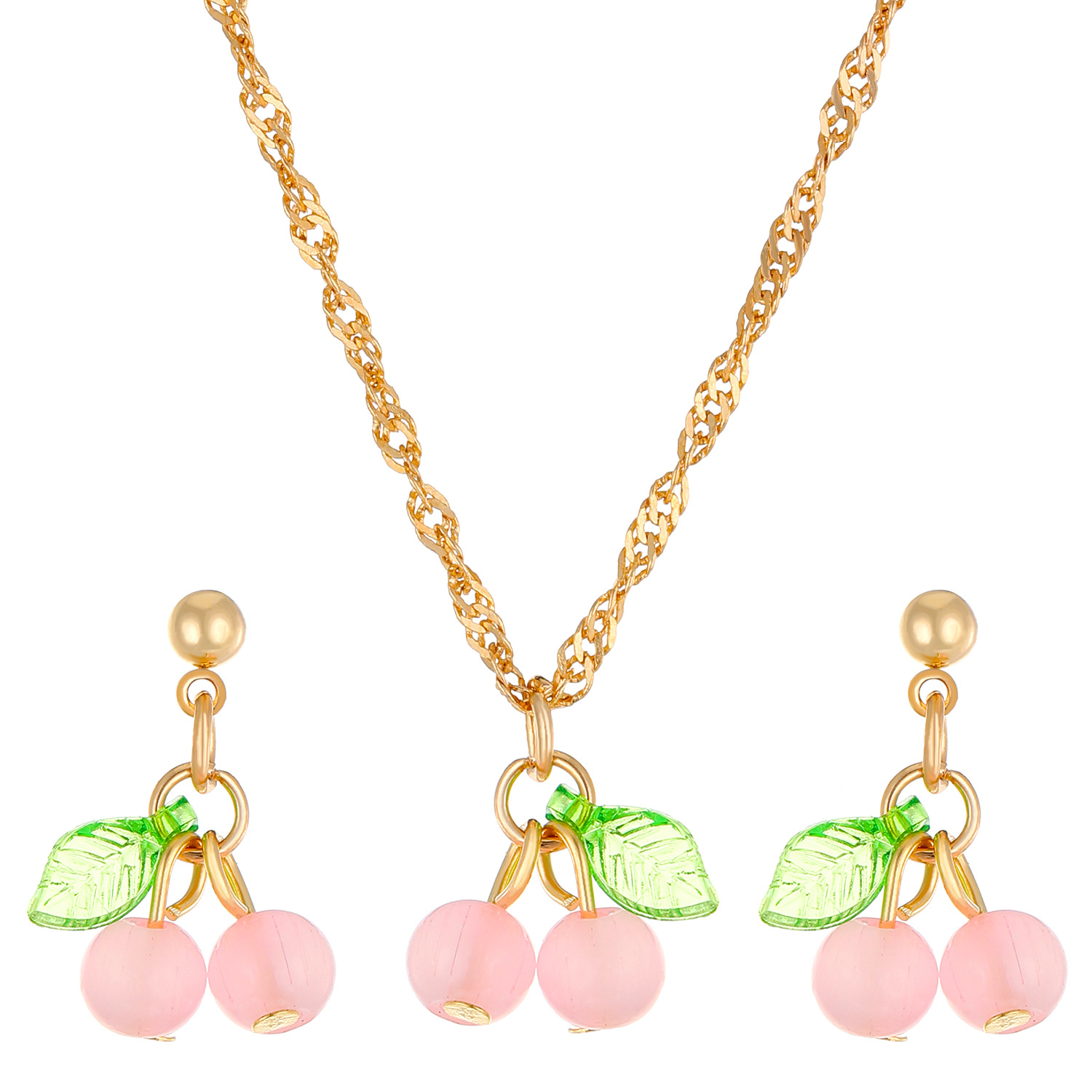 Red cherry collarbone chain earrings jewelry set, women's green leaf pink and green cherry pendant necklace earrings accessories Item Picture