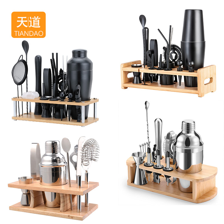 Bamboo frame base stainless steel cocktail shaker, complete bar cocktail shaker set, cocktail decanter and shaker tools full figure