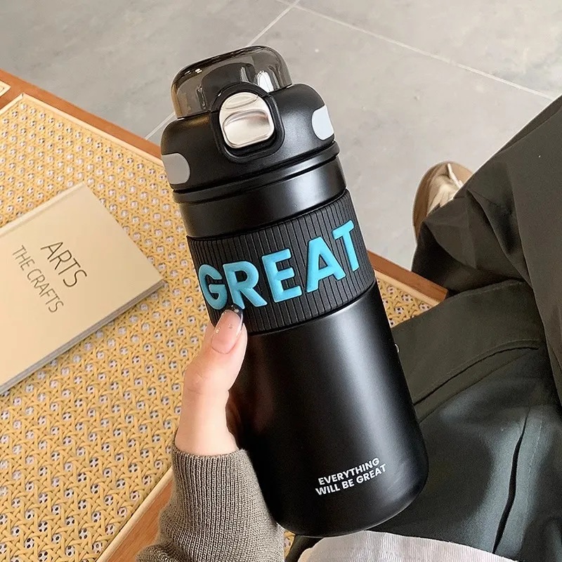 Simple and high-appearation-level thermos cups, couple's Nordic-style double-drinking straw cups, portable sports spring-lid stainless steel water cups full figure