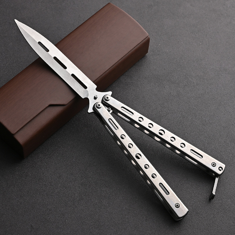 Butterfly Knife csgo Folding Knife, unedged practice self-defense, swinging hand toy knife, all-steel flower style beginner training comb details Picture