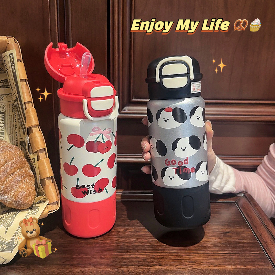 The 2024 new model of high-appeal stainless steel insulated cup for girls, a cartoon and cute straw cup specially designed for students Specification drawing