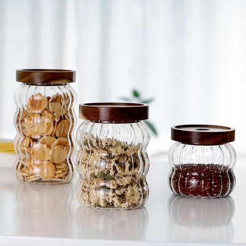 Acacia wood vertical striped glass storage jars, kitchen multi-style glass retro storage, candy sealed jars, tea jars details Picture