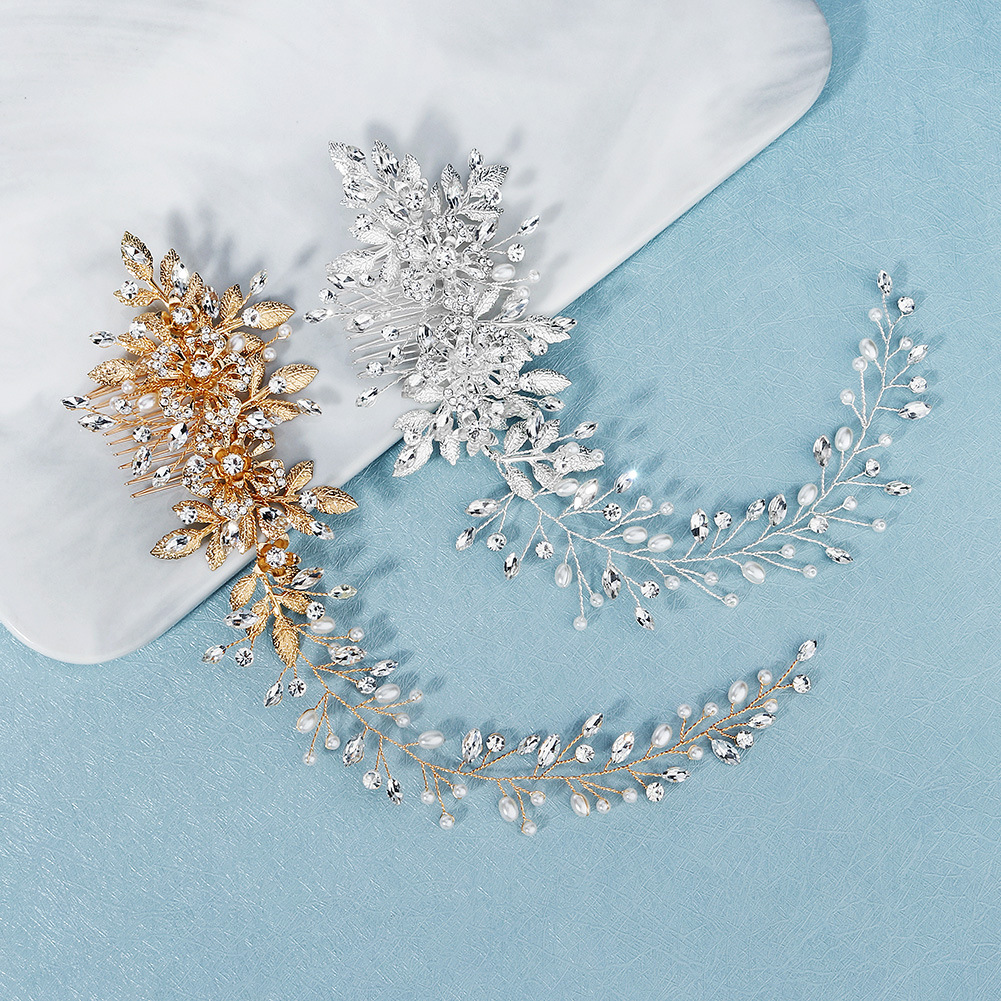 European and American accessories, hollowed-out flower pearl hair comb, retro gold long handcrafted hair band, Xiuhe evening dress, updo hair comb Application Scenario