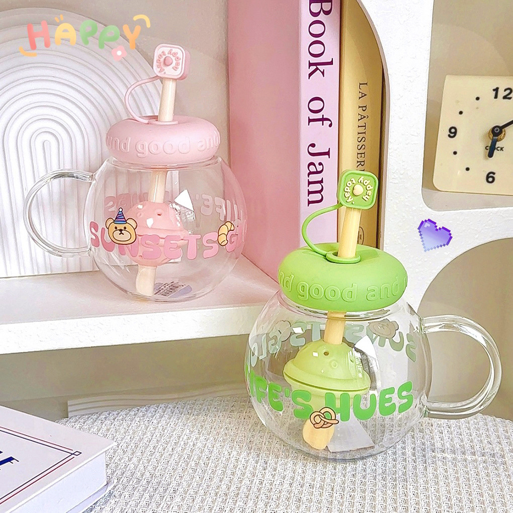 Chubby girl glass cup, cute, high appearance level, creative straw cup with filter, high-temperature resistant, tea-making handle water cup Specification drawing