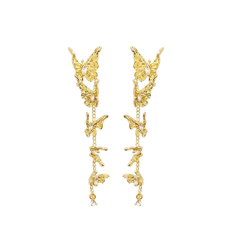 Golden butterfly tassel stud earrings, women's light luxury style, micro-set earrings, retro high-end feel, liquid metal earrings Item Picture