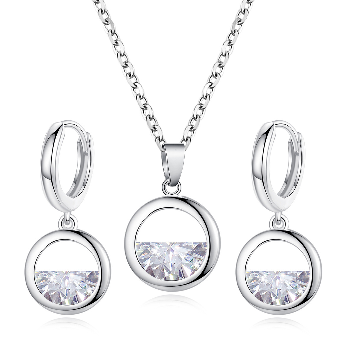 Korean-style fresh and clean zircon versatile jewelry, the same style as Douyin, a clear spring necklace, and simple semi-round forest-themed earrings Item Picture