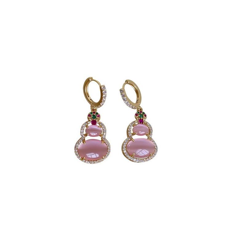 New Chinese-style cat's eye stone gourd earrings for women, 2025 New bestseller design, micro-inlay earrings, exquisite and simple ear buckles Item Picture