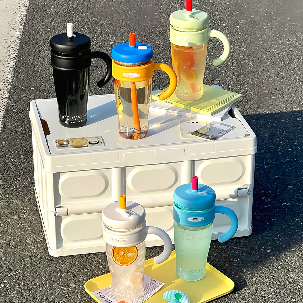 New summer office water cup with a simple and large-capacity ice cube, featuring a leak-proof handle and a household plastic straw cup details Picture
