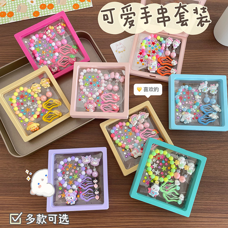 Creative children's bracelet earrings, cute cartoon hairpins, gemstone stickers set, little girl festival gift full figure