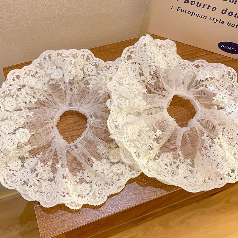 French retro sweet lace large intestine hair tie, off-white, gentle and elegant, ponytail hair tie, hair flower hair tie for women Specification drawing