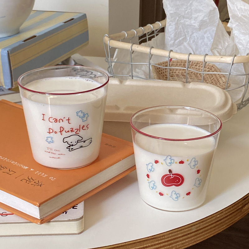 Homemade summer blue bird apple high borosilicate heat-resistant glass cup, ins cartoon cute dog juice cup full figure