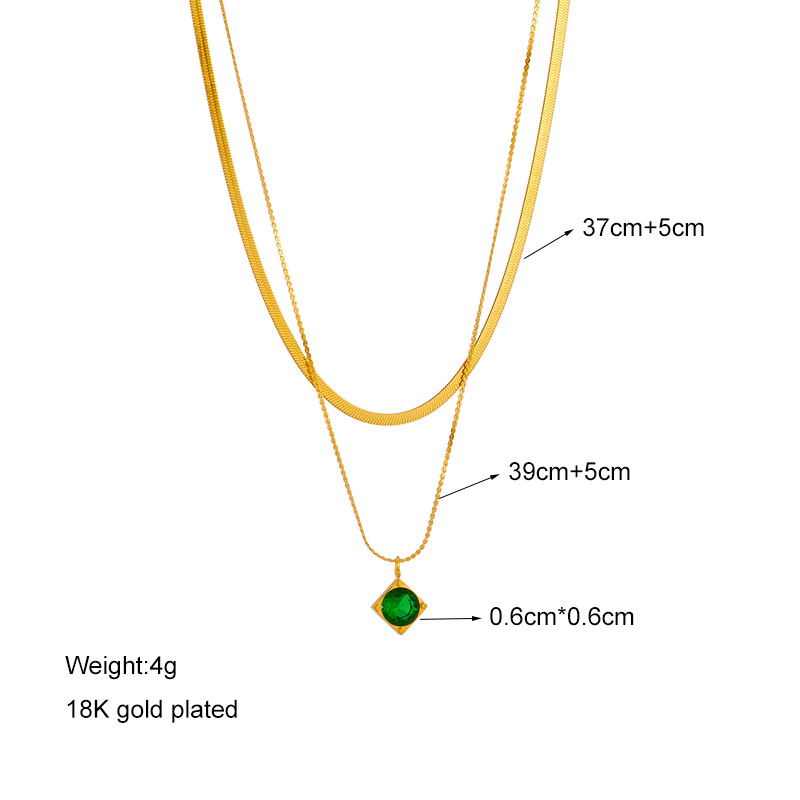 A unique, simple and high-end green square diamond pendant titanium steel double-layer chain necklace from Europe and America Application Scenario