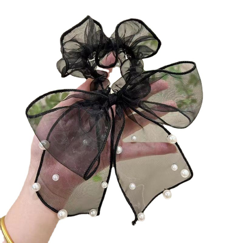 The net pearl pearl bow hair tie is simple and elegant. The ponytail hair tie and the ribbon hair band are high-end head accessories Item Picture