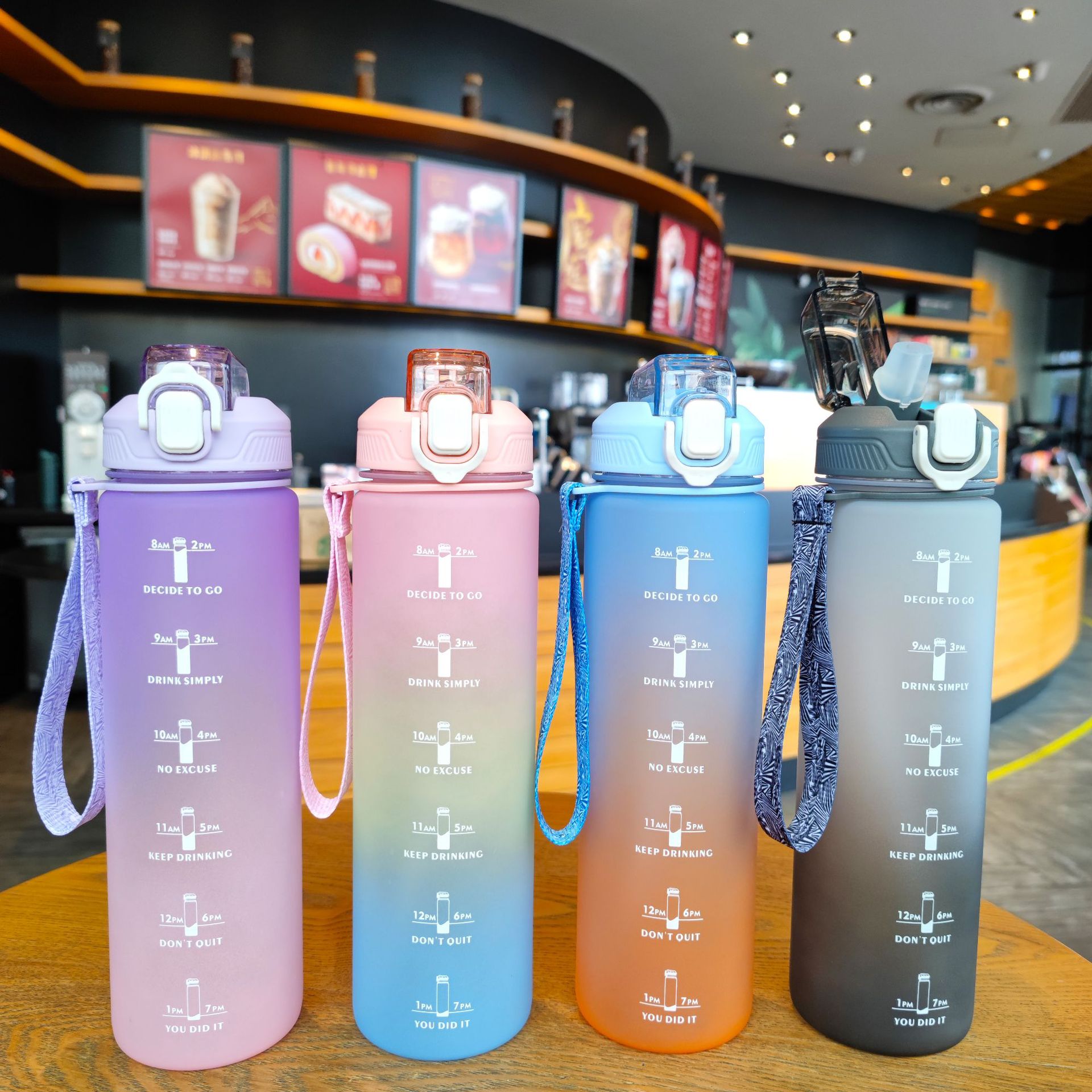 Gradient plastic duckbill shaped straw sports water bottle, portable rope, one-click bouncing water cup, Amazon foreign trade Specification drawing