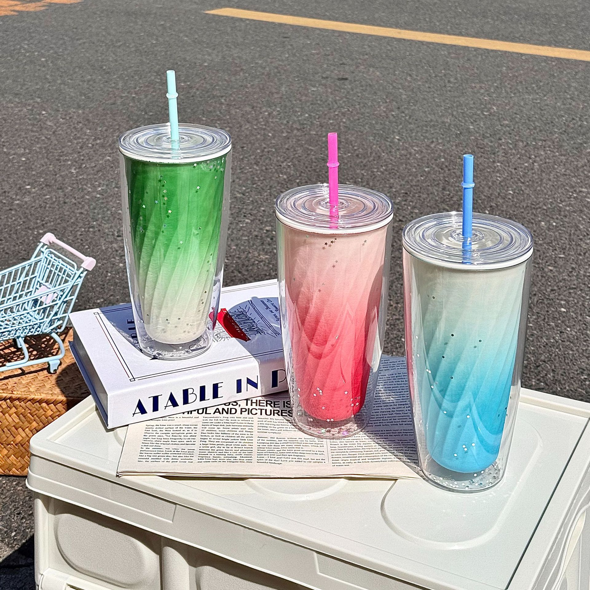 Simple gradient straw cup, Rainbow girl double-layer plastic cup, student creative office and household large-capacity water cup Specification drawing