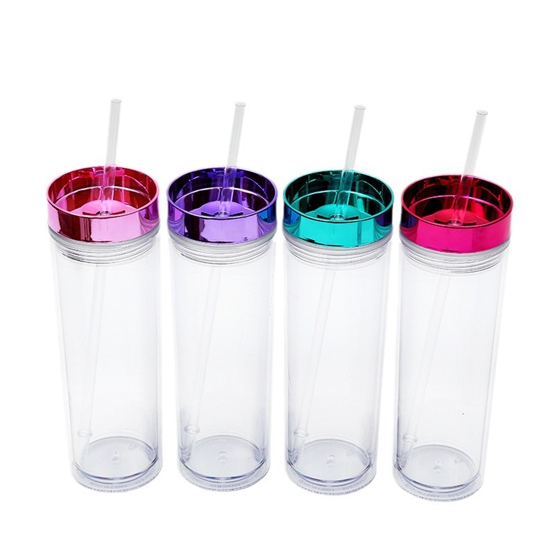 The manufacturer's new modern cross-border transparent double-layer plastic cup is a simple and portable 16OZ straight cup with electroplating Item Picture