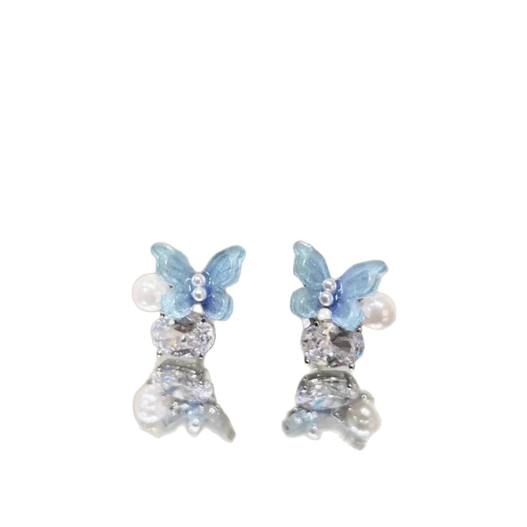 Summer clear blue zircon butterfly earrings, women's light luxury and high-end style, unique pearl earrings wholesale Item Picture