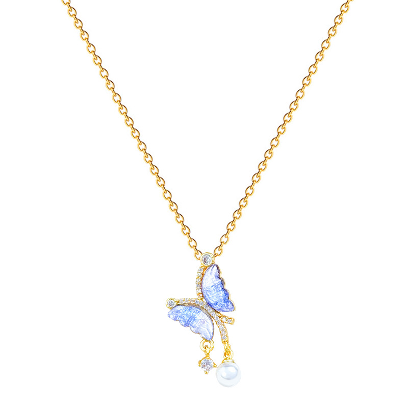 【 Titanium Steel 】 Blue butterfly pearl full diamond light luxury and elegant, full diamond necklace, versatile for women, collarbone chain, titanium steel Item Picture