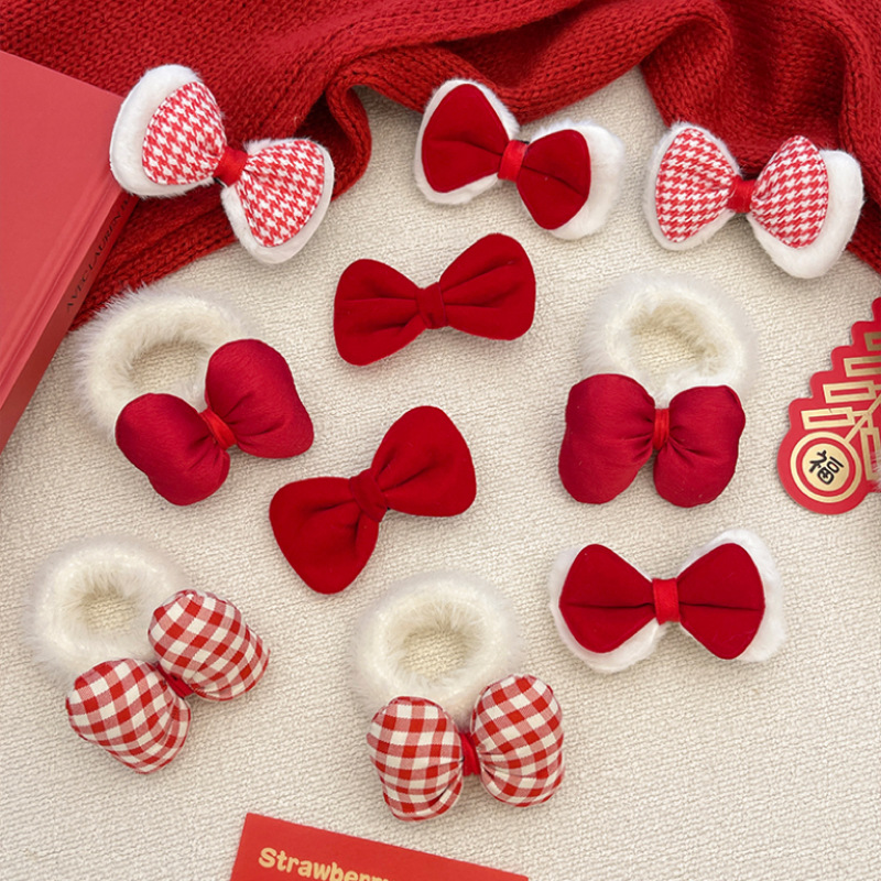 Chinese-style red bow, plush hair band, New Year children's hair clip, fluffy hair rope, hair tie, girls' rubber band headwear full figure