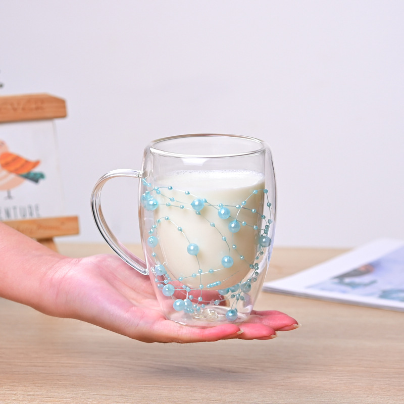 High borosilicate glass insulated double-layer glass cups for home coffee cups with handles and built-in bubble milk tea beverage cups are available Specification drawing
