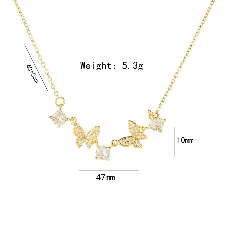 Wholesale of Korean-style fashion zircon necklace with three round diamonds and two butterfly necklaces in gold, luxurious and light luxury collarbone chain Item Picture