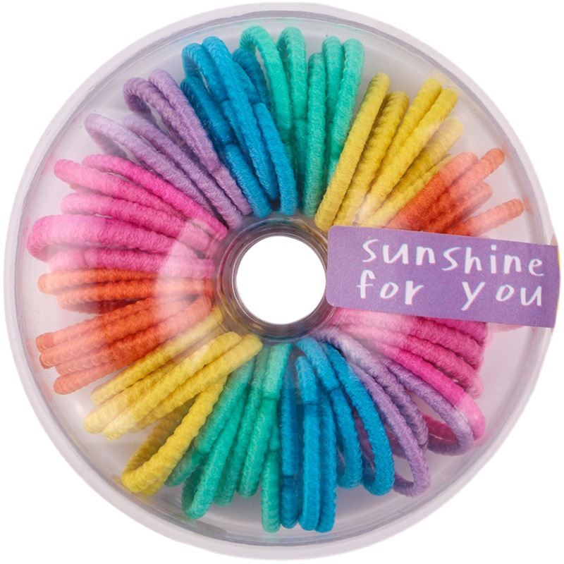 New children's fluorescent color thumb hair band 60-piece round box set, new small band hair non-damaging set Item Picture
