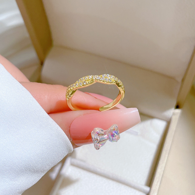 【 Real Gold 】 Cross-twisted full diamond ring with adjustable opening, simple Japanese-style bracelet, couple rings details Picture