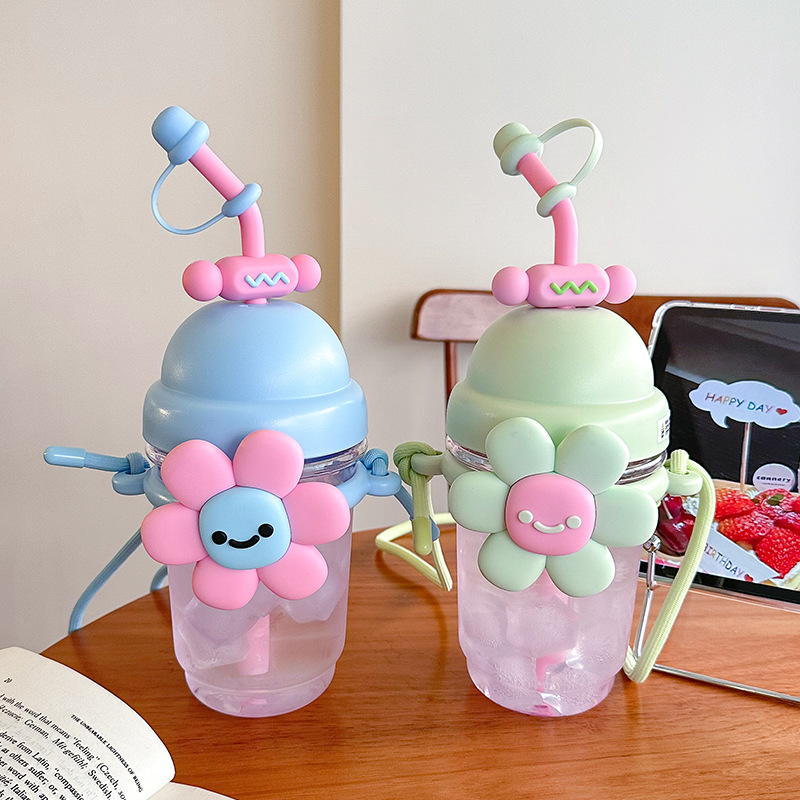 2025 Sunflower Water Cup for Girls, Summer large-capacity Straw cup, High appearance level, Cute Cartoon, slanted cross plastic cup full figure