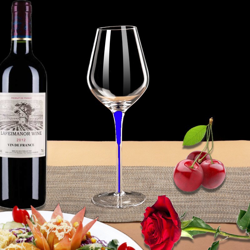 New feature handcrafted crystal tall stem red wine glass, Bordeaux blue stem colored wine glass, single color box packaging full figure