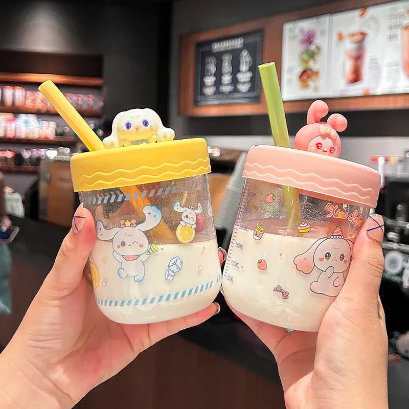 Cute glass cup, cartoon Kuromi cartoon straw cup, high appearance level, summer graduated girls' office water cup Specification drawing