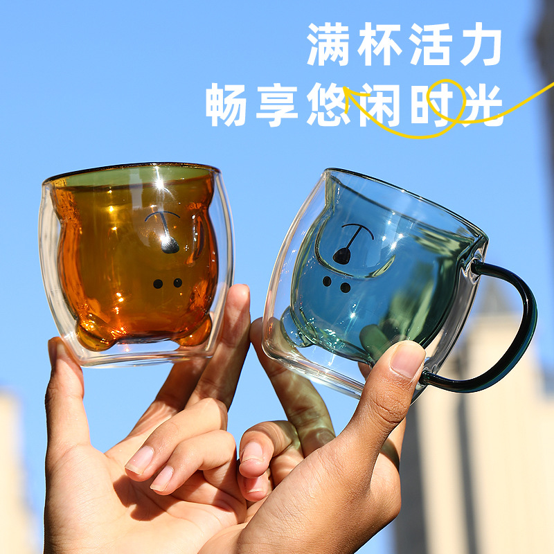 Customized outdoor cups for restaurants, souvenir coffee cups, high borosilicate glass cartoon bear glass cups, household water cups full figure