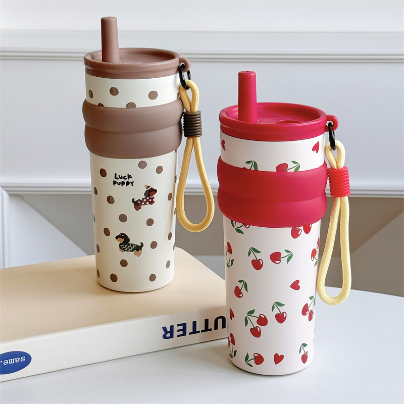 Cute cartoon illustration drawstring straw cup, stainless steel student insulated cup for office drinking, 680ml cold preservation cup full figure
