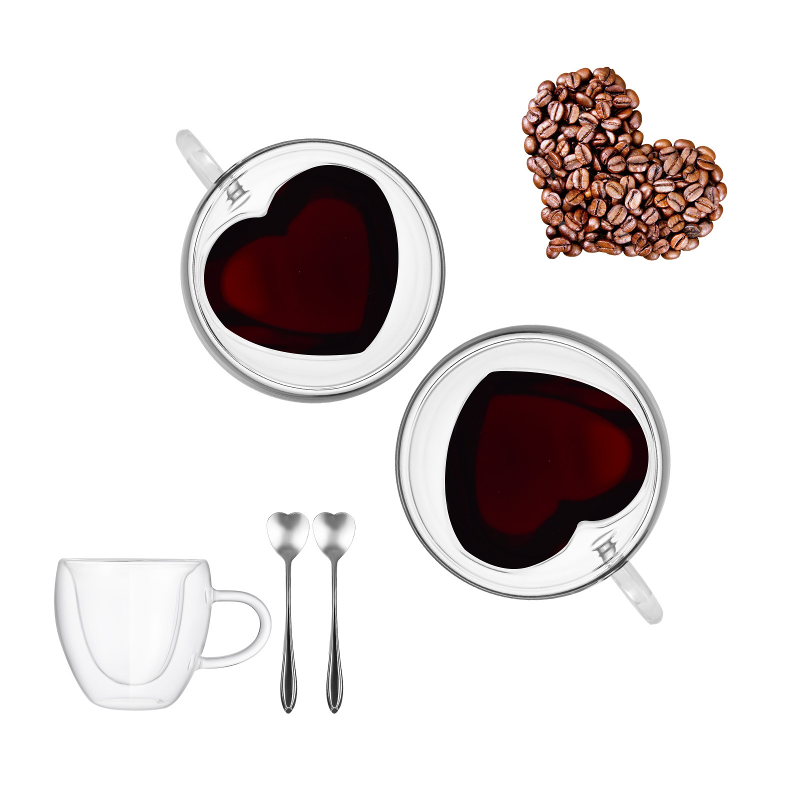 Cross-border coffee cup set with spoon for home afternoon tea, heart-shaped glass water cup, high borosilicate double-layer glass cup full figure