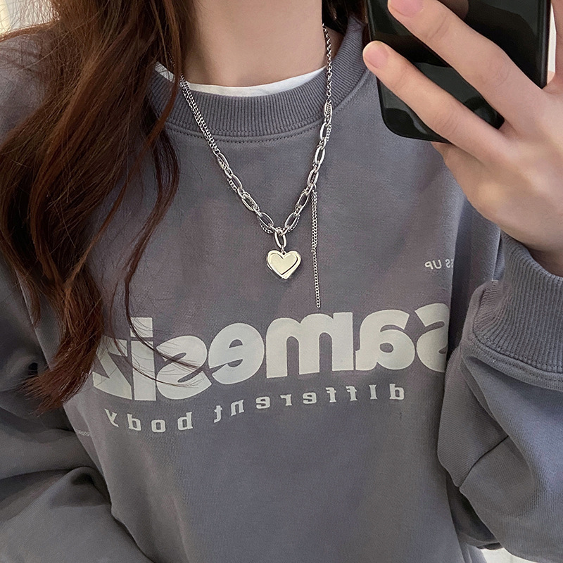 Sweet love, silver patchwork necklace, women's design sense sweater chain accessory, niche autumn hoodie chain, ins style Application Scenario