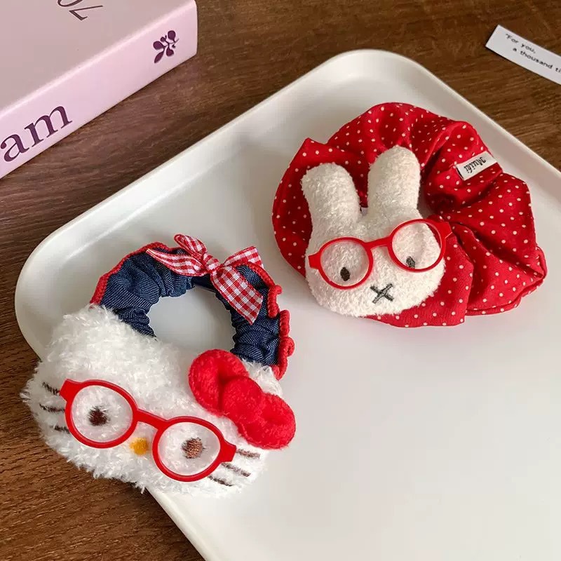 Cute old-fashioned glasses, KT cat Miffy denim hair band, simple and elegant girl style, ponytail, high elastic hair band, leather band girl details Picture